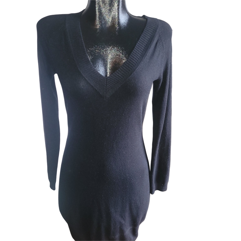 Moda International Black Silk Blend Sheath V-Neck Sweater Dress Size S